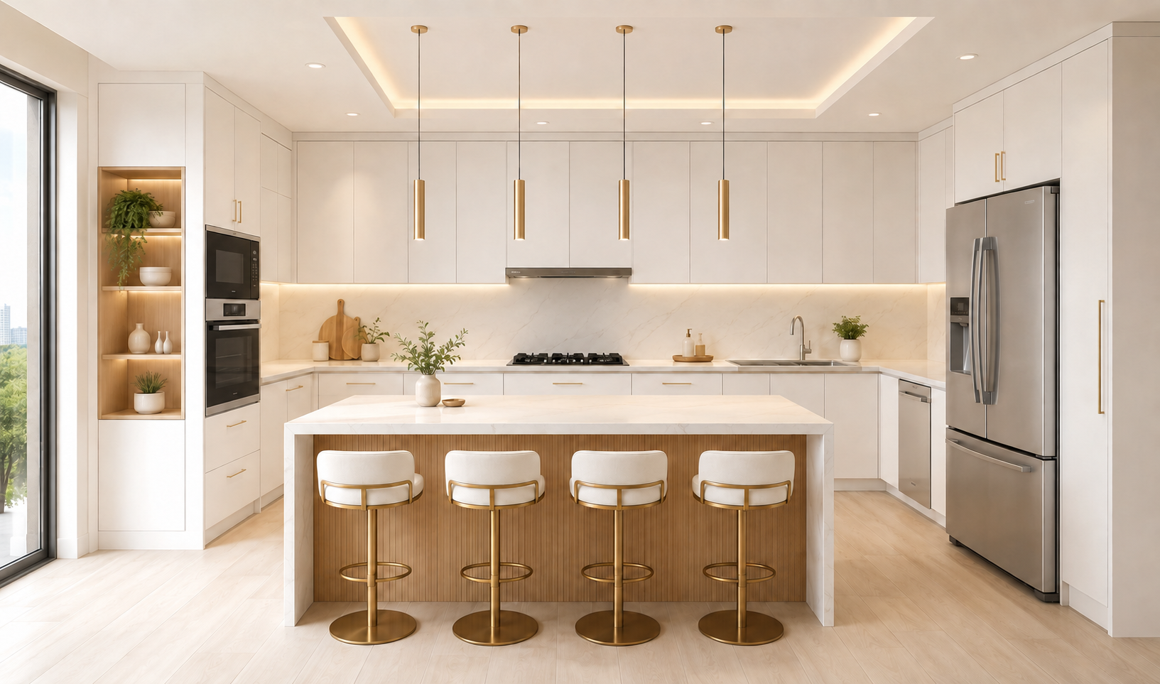 Bright modern kitchen with interactive cleaning options